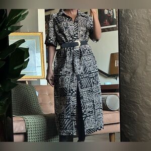 Studio C Plus Size 18W Black & Beige Tribal Print Button-Up Dress
